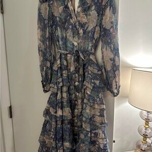 Zimmermann Blue and Tan Ruffled Tiered Sundress